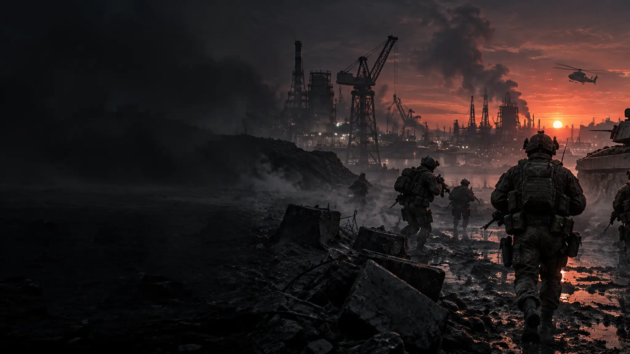 AtDawn squad preparing to enter an industrial battlefield