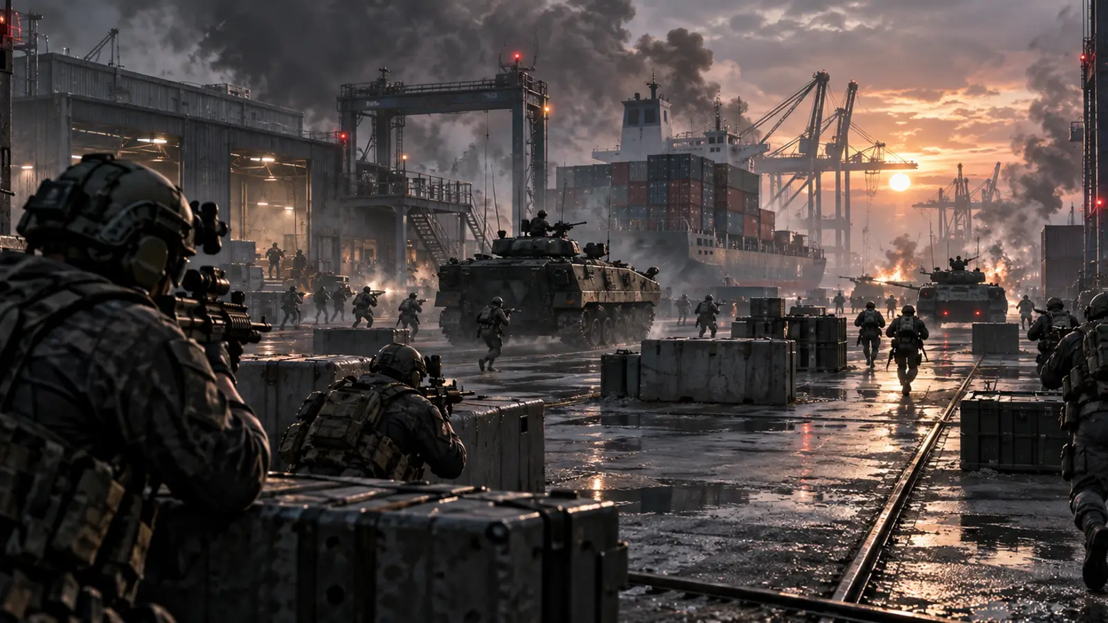 Infantry and armored vehicles crossing an industrial combat zone