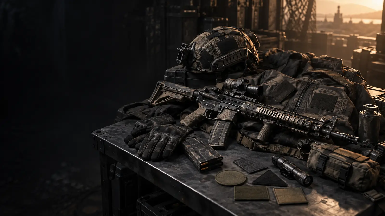 A soldier's equipment and weapon prepared at dawn